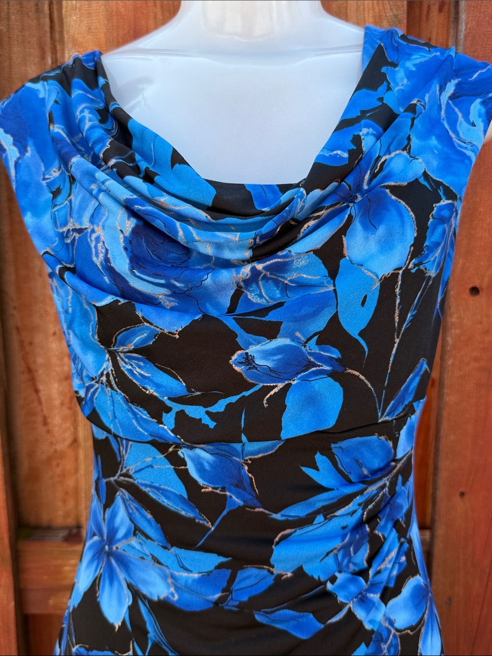 connected apparel Black and Blue Floral Cowl Neck Midi Dress Size 4 - Picture 4 of 8